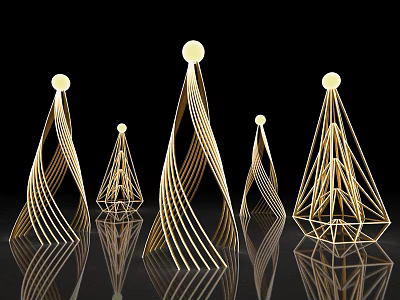 Golden Abstract Sculptures With Curved Lines Various Sizes And Reflective Surfaces On Black Background 3d model