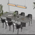 Elegant Modern Dining Table Set With Marble Top Upholstered Chairs And Indoor Plants 3d model