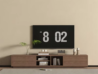 Modern Wooden TV Stand With TV Books Small Plant And Candles In Living Room 3d model