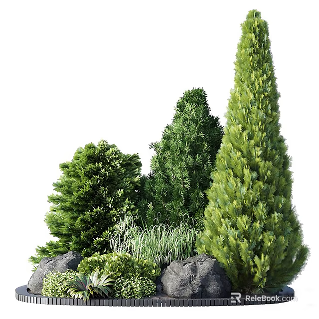 Different Types of Green Shrubs in Garden Landscape With Rocks and Grass 3d model 