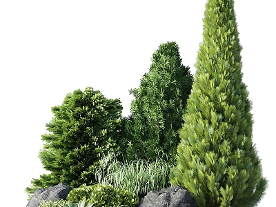 Different Types of Green Shrubs in Garden Landscape With Rocks and Grass 3d model