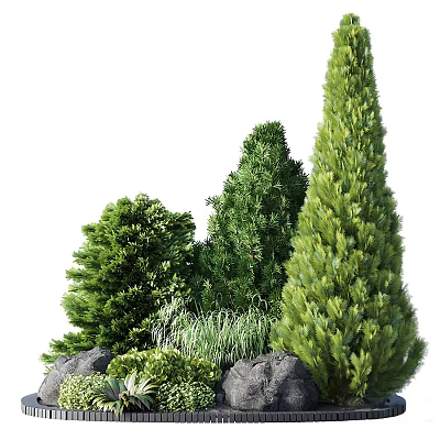Different Types of Green Shrubs in Garden Landscape With Rocks and Grass 3d model