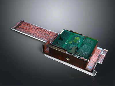 3D Model of Mechanical Structure With Green Circuit Board Red Track and Metal Border 3d model