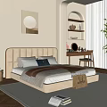 Beige Upholstered Double Bed With Gray Brown Pillows Blanket Dressing Table In Cozy Bedroom