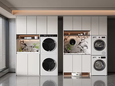 Modern Laundry Room With Built in Washing Machines And White Cabinets 3d model