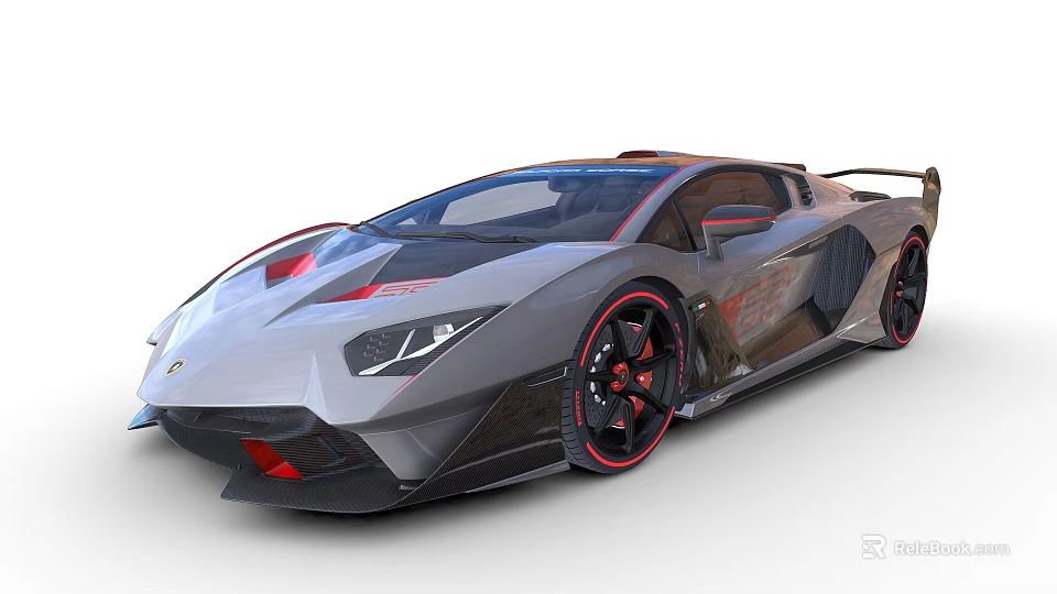 Silver Gray Sports Car With Sleek Design Black Red Accents Black Wheels And Aerodynamic Features 3d model 