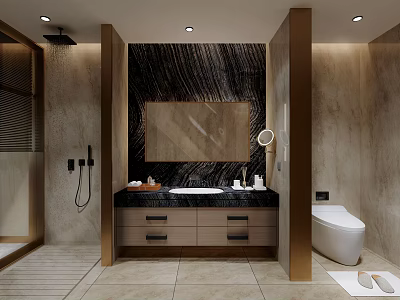 Luxurious Hotel Bathroom Interior With Marble Wall Vanity Mirror And Modern Toilet 3d model