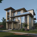 Modern Detached Villa Exterior With Large Glass Windows Balconies Green Lawn And Trees