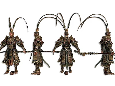Detailed Mythical Game Movie Character In Ornate Armor With Long Feathers And Staff Weapon 3d model