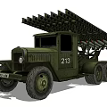 Green Military Rocket Launcher Vehicle Featuring Multiple Rocket Tubes On Truck