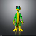 Cartoon Style Green And Yellow Lizard Creature Character With Purple Eyes Standing Pose