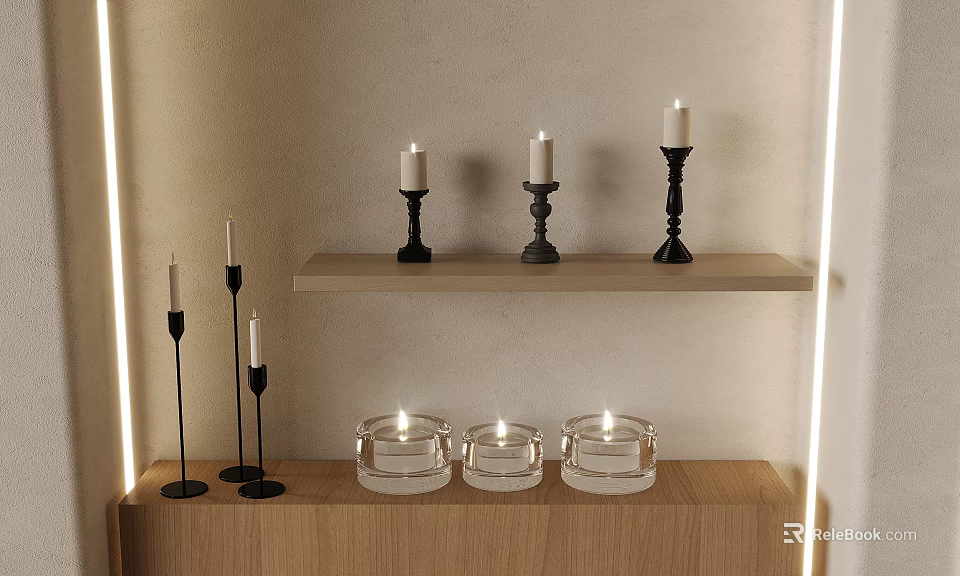Modern Candle Lamps With Lit Candles Black Holders And Glass Jars On Wooden Wall Shelf 3d model 