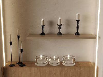 Modern Candle Lamps With Lit Candles Black Holders And Glass Jars On Wooden Wall Shelf 3d model
