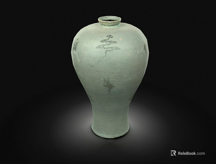Celadon Ceramic Vase With Hand Painted Pine Tree And Bird Patterns 3d model 