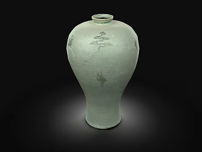 Celadon Ceramic Vase With Hand Painted Pine Tree And Bird Patterns 3d model