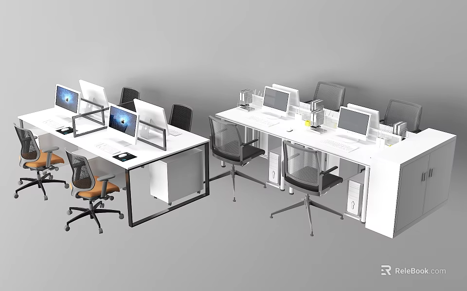 Modern Office Workspace With Multiple Desks Computer Monitors And Office Chairs 3d model