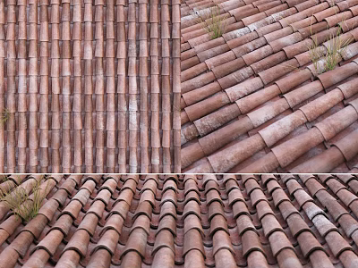 Brown Interlocking Roof Tiles Structure With Grass Growing And Textured Surface 3d model
