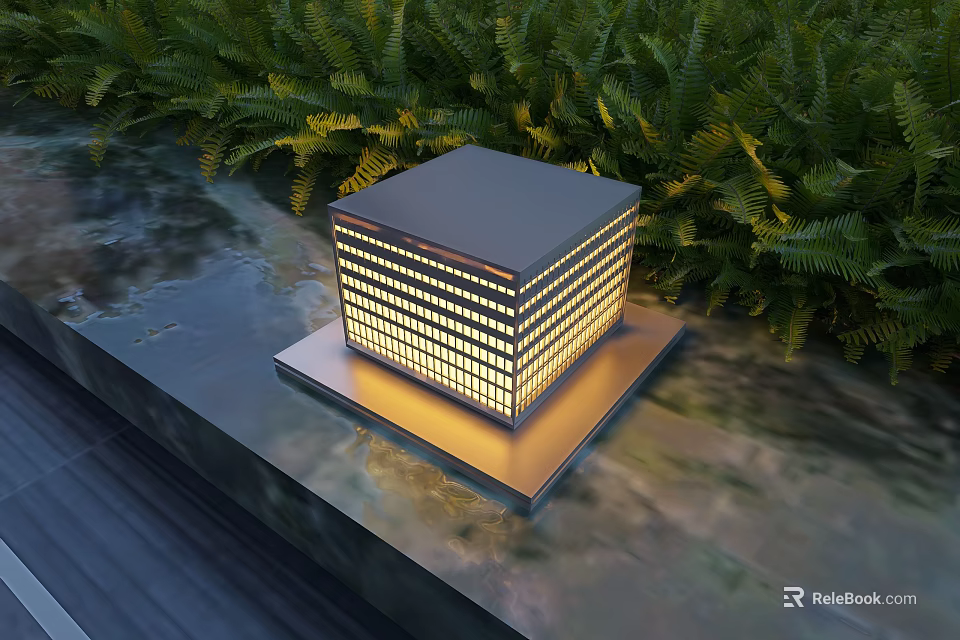 Square Illuminated Outdoor Light On Stone Slab Surface With Green Foliage 3d model 