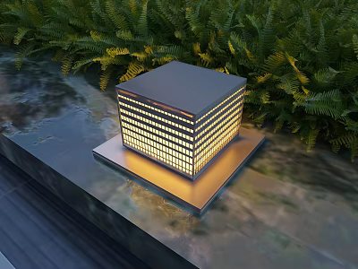 Square Illuminated Outdoor Light On Stone Slab Surface With Green Foliage 3d model