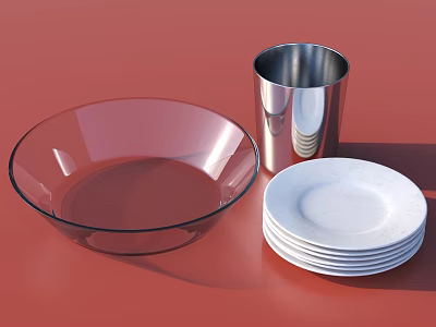 Stylish Dinnerware Set With Transparent Glass Bowl Silver Metal Cup And White Plates 3d model
