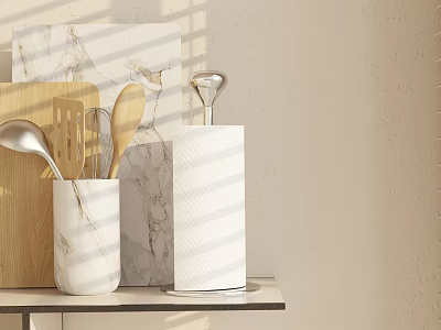 Marble Kitchen Utensil Holder With Wooden Cutting Board And Paper Towel Stand 3d model