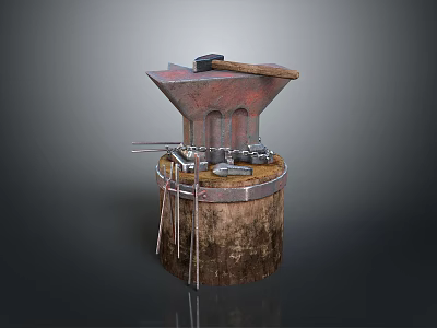 Traditional Blacksmith Anvil Setup with Hammer and Metalworking Tools on Wooden Stand 3d model