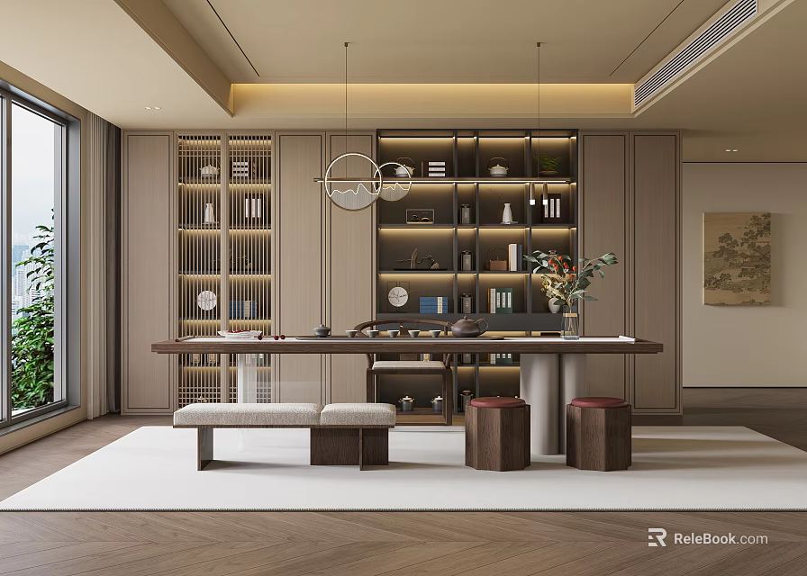 Modern Tea Room Interior Design With Built in Bookshelves Displayed Tea Sets And Pendant Lights 3d model 