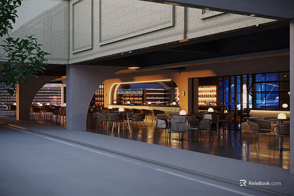 Modern Style Bar With Awning Warm Lighting Wine Racks Bar Counter And Tables From Outside 3d model 