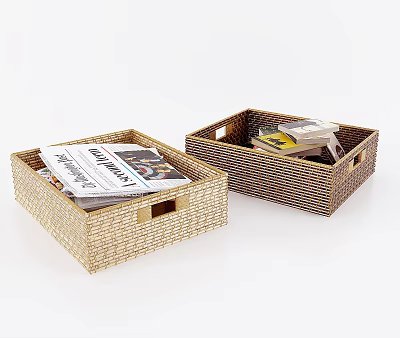 Stylish Beige Woven Storage Baskets with Handles Holding Magazines and Books 3d model