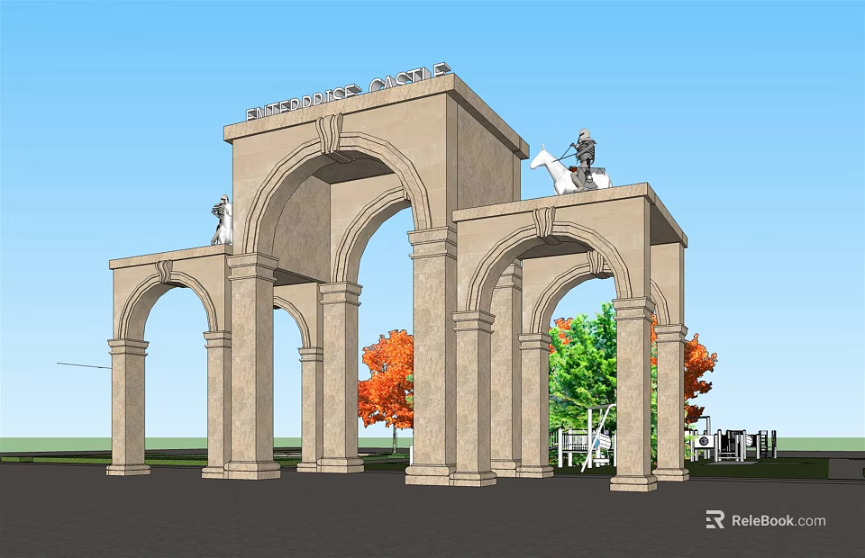 European Style Entrance Gate With Arch Design Stone Material And Sculptures Surrounding Orange Green Trees 3d model 
