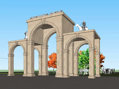 European Style Entrance Gate With Arch Design Stone Material And Sculptures Surrounding Orange Green Trees 3d model