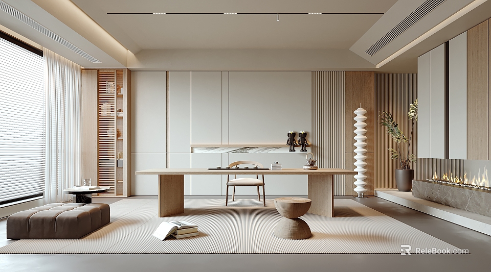 Modern Tea Room Interior Design With Simple Tea Table Wooden Shelves And Potted Plants 3d model 