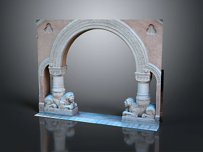 Scenic View Of Ancient Arch With Intricate Carvings Lion Statues And Stone Path 3d model