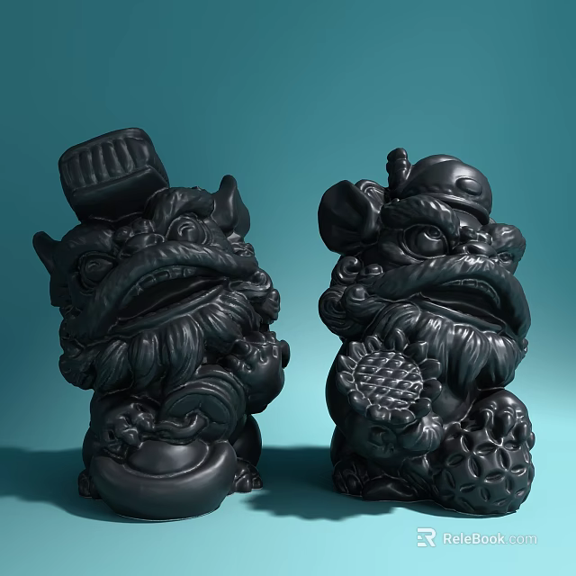 Traditional Sculpture Carving Of Chinese Guardian Lion Statues With Intricate Details And Decorative Elements 3d model 
