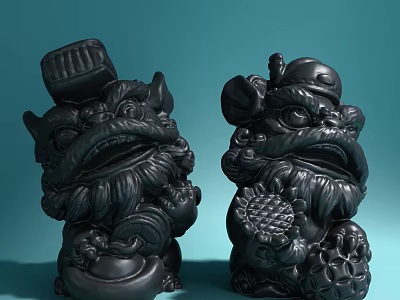 Traditional Sculpture Carving Of Chinese Guardian Lion Statues With Intricate Details And Decorative Elements 3d model