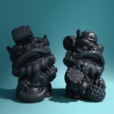 Traditional Sculpture Carving Of Chinese Guardian Lion Statues With Intricate Details And Decorative Elements 3d model