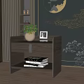 Contemporary Wooden Nightstand Featuring Potted Plant Photo Frame And Stack Of Books On Decorative Wall Background