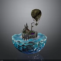 Floating Island Scene With Blue Sphere Castle And Hot Air Balloon