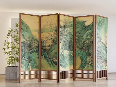 New Chinese Style Screen Landscape Screen Partition Folding Screen Green Plant Potted Plant 3d model