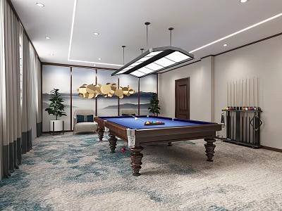 Billiard Room Interior With Blue Pool Table Sofa Potted Plants Cue Rack And Ceiling Lights 3d model