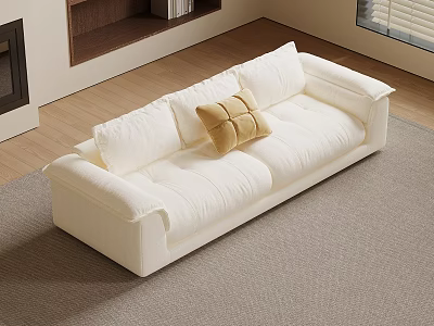 White Double Sofa with Soft Pillows and Brown Cushion on Gray Carpet Modern Living Room 3d model