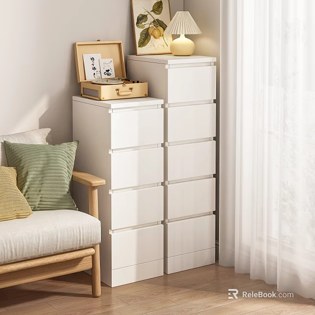 White Chest of Drawers with Yellow Vase in Modern Living Room Wooden Sofa Colorful Pillows 3d model 