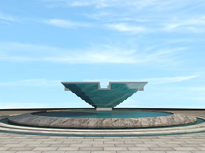 Modern Road Infrastructure Featuring Metal V Shaped Structure Circular Pool And Stone Pavement 3d model