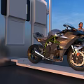 Modern Container Structure With Open Door Motorcycle And People Standing Nearby