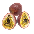 Fresh Passion Fruit With Purple Red Skin Halved Showing Yellow Pulp And Black Seeds
