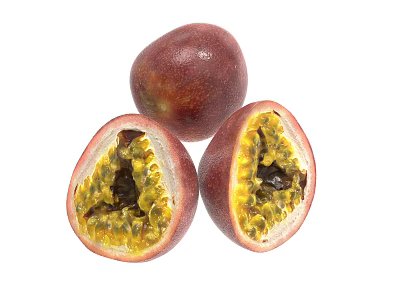 Fresh Passion Fruit With Purple Red Skin Halved Showing Yellow Pulp And Black Seeds 3d model