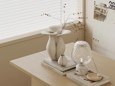 Minimalist Decorative Ornament Set With Ceramic Vases Glass Sphere And Dried Branches On Wooden Table 3d model