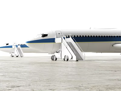 White Passenger Airplanes Parked on Tarmac with Blue Yellow Stripes and Boarding Stairs 3d model