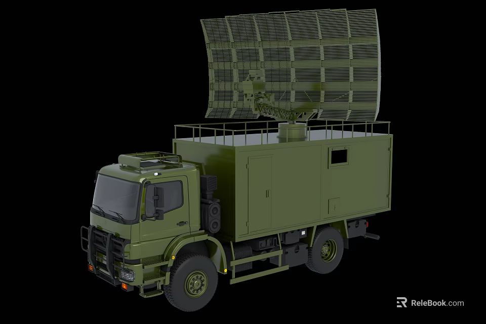 Military Green Functional Vehicle Equipped With Large Radar Antenna On Top 3d model 