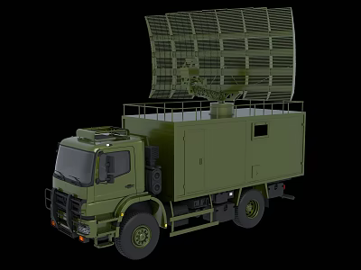 Military Green Functional Vehicle Equipped With Large Radar Antenna On Top 3d model